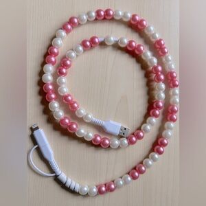 Pearl Beaded USB Charging Cable - Pink and White - New - 3 Ft.
